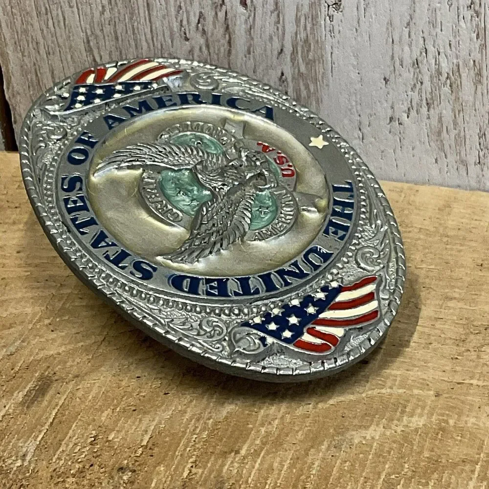 The‎ United States of America Belt Buckle 1986 Mens Patriotic Goldtone Center